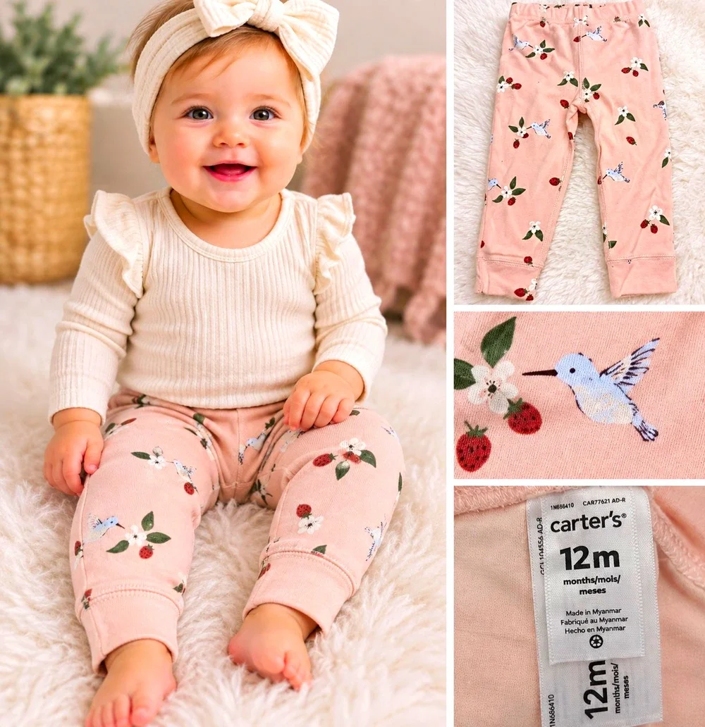 Carter’s Baby Girls 12M Pink Hummingbird Strawberry Floral Pants NWT